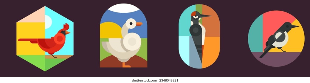 Set bright geometric sticker, patch or banner with birds in minimal mosaic fashion style. Duck, red cardinal, woodpecker, magpie. Collection simple retro design elements. Vintage vector illustration. 