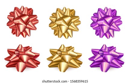 Set of bright gift bows, realistic. Accessory for gift wrapping. Top view and side view. Isolated on a white background. Vector illustration