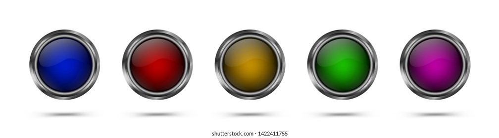Set of bright glass buttons for web design, apps, games and more. Vector glass buttons blue, red, yellow, green, pink color.