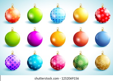 Set of bright glowing colorful glass Christmas and New Year balls isolated on white background. Beautiful festive decorations, elements of design. Vector illustration