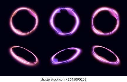 Set of bright glowing futuristic rings and circles with bright purple glow isolated on black background. Vector