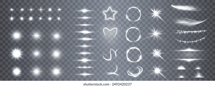 Set of bright glowing LED effects. Bright flashes of lens reflection. Glow effect, light refraction, garlands, curls, star explosion, light rings, heart frame