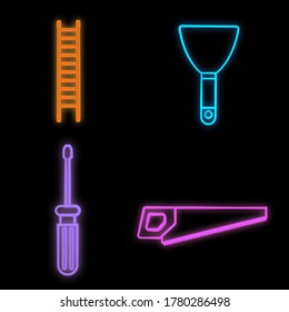 Set of bright glowing multicolored construction industrial neon signs for shop workshop service center beautiful shiny with ladder screwdriver spatula saw on black background. Vector illustration.