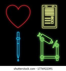 Conjunto de signos médicos multicolores de neón brillante brillante para una farmacia o tienda de hospital un bello documento científico brillante, corazón, microscopio y pipeta sobre un fondo negro. Ilustración vectorial.