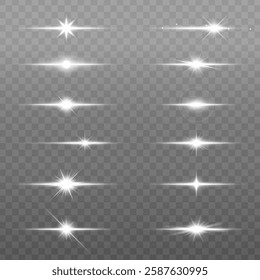 Set of bright, glowing starbursts and lens flares on a transparent background. Includes various sizes and shapes of starbursts and lens flares. Overlay effect vector element set.