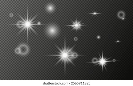 Set of bright glowing vector stars with glare