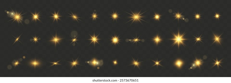 Set of bright gold beautiful stars with light flares on a dark background. Flashing light effects, sparkling details, and a luxurious radiant appearance. Suitable for festive, decorate.	