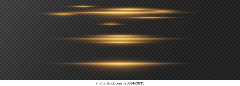 Set of bright gold effects. Highlight of a horizontal line. On a transparent background.