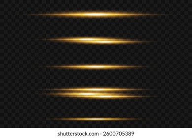 Set of bright gold effects. Highlight of a horizontal line. On a transparent background.