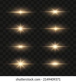 Set of bright gold flashes, lights and sparks on a transparent background. Abstract flash with glowing line, sunrise, shining golden stars. Ray shining border. Vector illustration