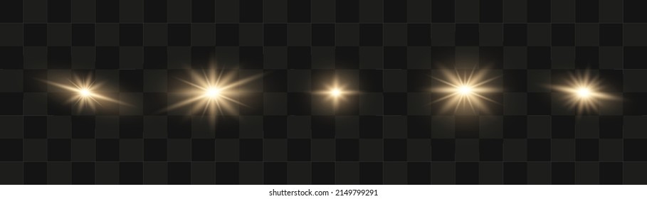 Set of bright gold flashes, lights and sparks on a transparent background. Abstract flash with glowing line, sunrise, shining golden stars. Ray shining border. Vector illustration