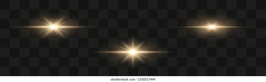 Satz heller goldener Blitze, Lichter und Funken auf transparentem Hintergrund. Abstrakter Blitz mit leuchtender Linie, Sonnenaufgang, leuchtende goldene Sterne. Ray leuchtende Grenze. Vektorgrafik