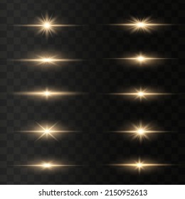 Set of bright gold flashes, lights and sparks on a transparent background. Abstract flash with glowing line, sunrise, shining golden stars. Ray shining border. Vector illustration