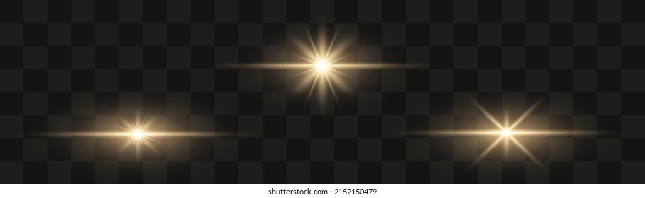 Set of bright gold flashes, lights and sparks on a transparent background. Abstract flash with glowing line, sunrise, shining golden stars. Ray shining border. Vector illustration