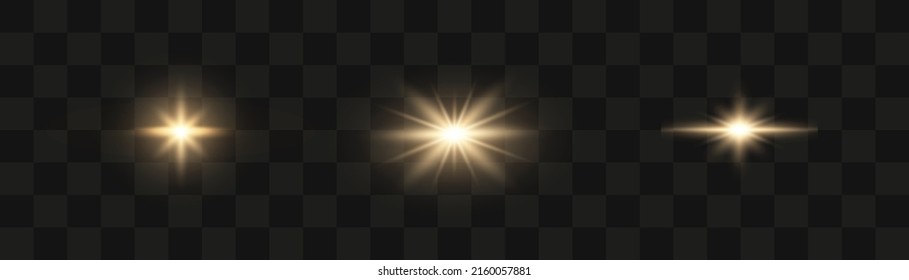 Set of bright gold flashes, lights and sparks on a transparent background. Abstract flash with glowing line, sunrise, shining golden stars. Ray shining border. Vector illustration