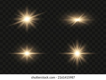 Set of bright gold flashes, lights and sparks on a transparent background. Abstract flash with glowing line, sunrise, shining golden stars. Ray shining border. Vector illustration