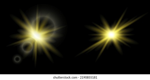 Set of bright gold flashes, lights and sparks on a transparent background. Abstract flash with glowing line, sunrise, shining golden stars. Ray shining border. Vector illustration