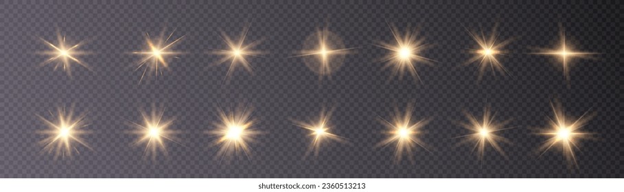 Set of bright gold stars with highlights. vector png	
