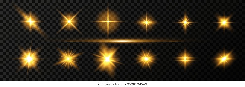 Set of bright gold stars. Light flash. Golden glitter.Effects, glare, lines, sparkle, explosion. Vector illustration.