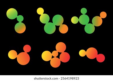 Set of bright gradient metaballs with abstract geometric shapes. Connected figures of liquid molecules. Isolated vector design element.