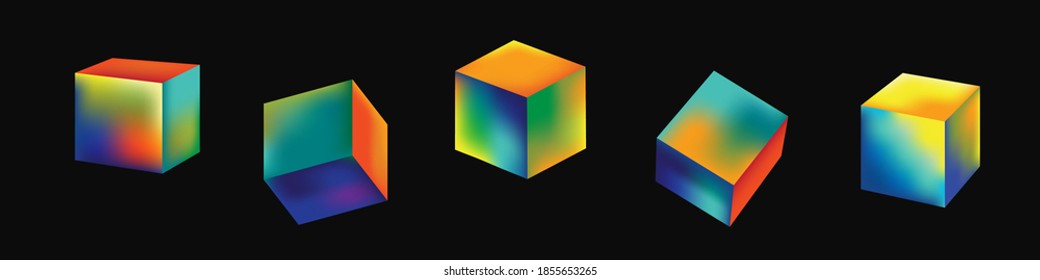 set of bright gradients in the form of cubes. five magic cubes glow mysteriously on a black horizontal background. stock vector illustration. EPS 10.