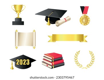 Set of bright graduation 2023 icons on white background.