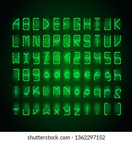 Set Of Bright Green Digital Retro Clock Font On Dark Background