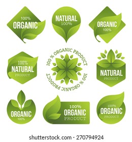 Set of bright green labels with leaves for organic, natural, eco or bio products isolated on white background