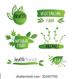 Set of bright green labels with leaves for organic, natural, eco or bio products isolated on transparent background