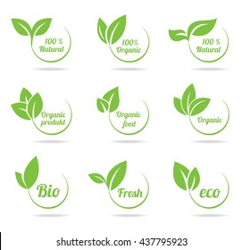 Set of bright green labels with leaves for organic, natural, eco, bio products isolated on white background.