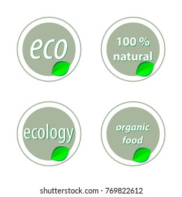 Set of bright green labels with leaves for organic, natural, eco or bio products. Vector illustration