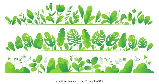 A set of bright green and lettuce tropical leaves and plants. Isolated on white background minimalistic cartoon style floral set with gradients. Easy to compose, customize to fit your product design.
