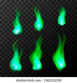 Set of bright green magic fire flames on transparent background