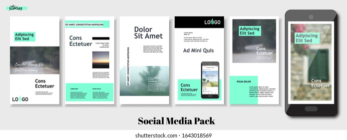 Set of bright green stories and post frame photo templates. Social Media Banner. Vector cover. Design blur wallpaper web pack. Mockup for personal blog or shop. a4
