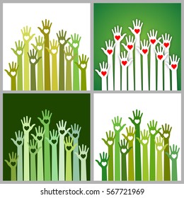 Set of bright  green white colors colorful caring up hands hearts vector logo design element. Volunteers hands up with heart emblem icon for education, health care, medical, volunteer, vote