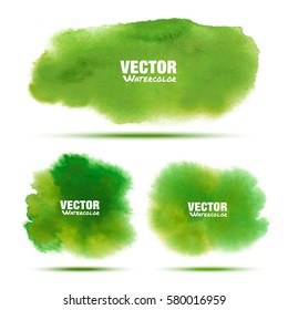 Set of bright green - yellow spring watercolor vector grunge stains isolated on white background with realistic paper watercolor texture. Aquarelle green spot. Blur wash drawing design elements.