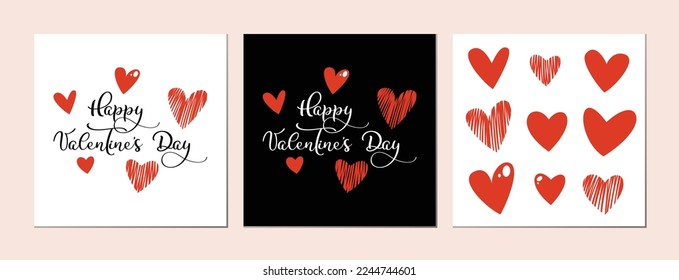 Juego de tarjetas de felicitación brillantes y publicaciones en colores rojo y negro para el Día de San Valentín. Corazón dibujado y bellas letras. Conjunto de corazones rojos ahogados por la mano.