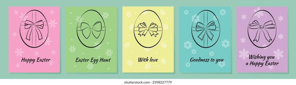 Set of bright greeting cards in simple minimalistic linear style with eggs and lush bows, flowers. Line art, hand drawn, vector.