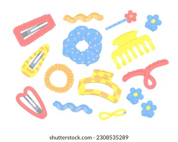 Set of bright hair accessories on a white background.