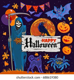 Set of bright Halloween cartoon characters and objects on night sky background Grim Reaper skeleton bat, crow, black cat, pumpkins, spider, full moon, balloons flag garlands Hand drawn vector isolated