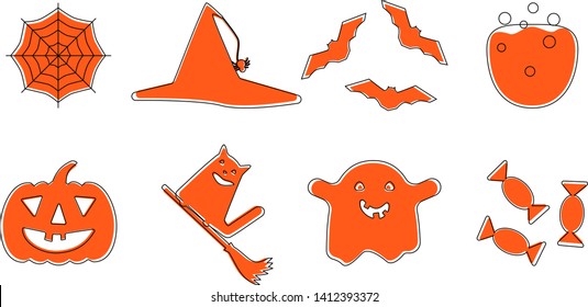 Set of bright halloween icons. Orange outline funny halloween icons. Cartoon style icons ghost, pumpkin, broom, hat and cat