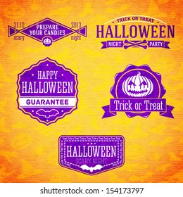 Set of bright halloween retro vintage labels with jack-o-lantern, bat and bones on the orange background with bats, witches, spiders, hats and pumpkins. Vector