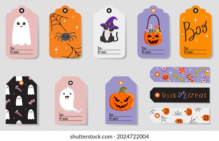 Set of bright Halloween tags with cute characters. Printable greeting cards illustration. Bright design for Halloween in traditional colors.