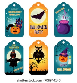 Set of bright  Halloween tags with holiday characters