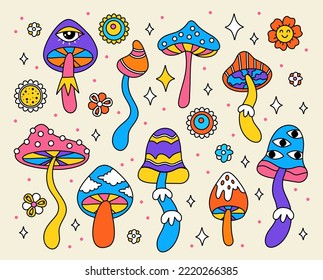 Un conjunto de hongos alucinógenos brillantes. Pegatinas para bebés al estilo hippie. Dibujos psicodélicos de las agarías de mosca