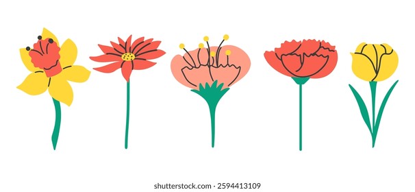 Set of bright hand draw stylized flowers on a white background. Peony, daffodil, tulip, gerbera. 