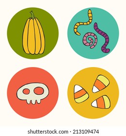 Set of bright hand drawn doodle halloween icons isolated on colorful bright circles.