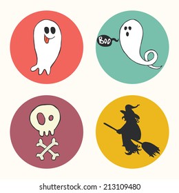 Set of bright hand drawn doodle halloween icons isolated on colorful bright circles.