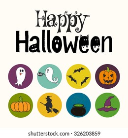 Set of bright hand drawn doodle halloween icons isolated on colorful bright circles. Happy Halloween hand lettering.
