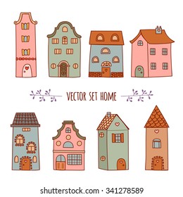 Set of the bright, hand drawn illustration of houses. Vector set